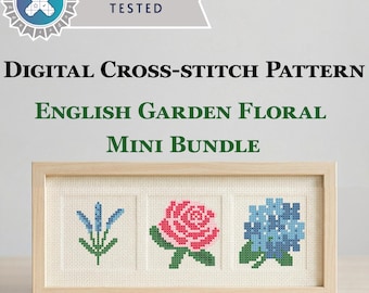 Petit ensemble floral de jardin anglais - lot de mini points de croix 30 x 30, rose lavande hortensia PDF