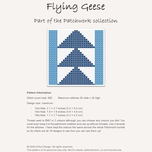 Peut inclure: Un motif de point de croix "Flying Geese" de la collection Patchwork. Le design pr&eacute;sente trois triangles bleus sur fond blanc, encadr&eacute;s de bandes bleues verticales. Les informations incluent le nombre de points, la taille et les mesures Aida.