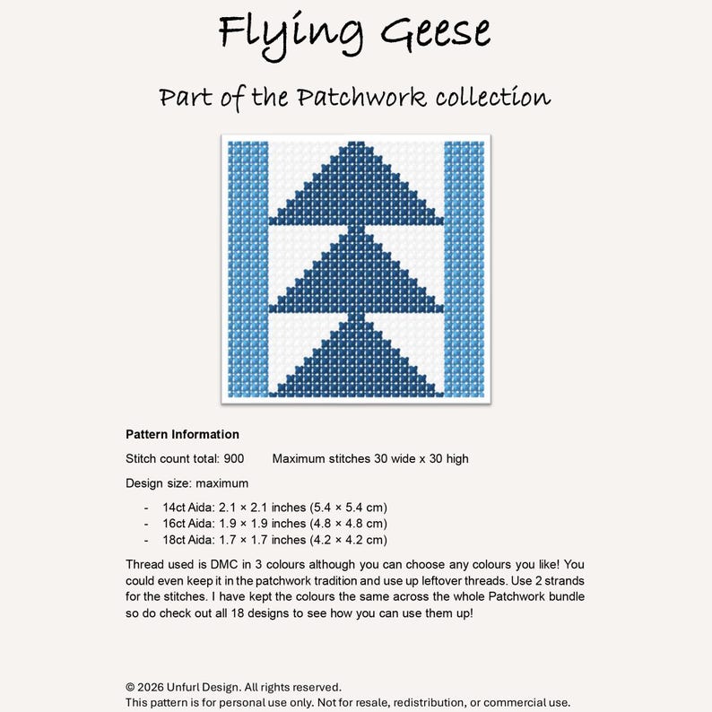 Peut inclure: Un motif de point de croix "Flying Geese" de la collection Patchwork. Le design pr&eacute;sente trois triangles bleus sur fond blanc, encadr&eacute;s de bandes bleues verticales. Les informations incluent le nombre de points, la taille et les mesures Aida.
