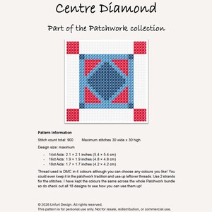 May include: A cross-stitch pattern titled "Centre Diamond" from the Patchwork collection. The design features a central blue diamond shape surrounded by red and blue geometric elements on a white background. The pattern size is 2.1 x 2.1 inches (14ct Aida).