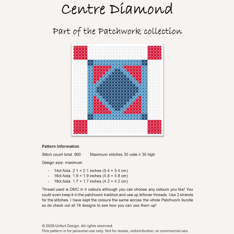 May include: A cross-stitch pattern titled "Centre Diamond" from the Patchwork collection. The design features a central blue diamond shape surrounded by red and blue geometric elements on a white background. The pattern size is 2.1 x 2.1 inches (14ct Aida).