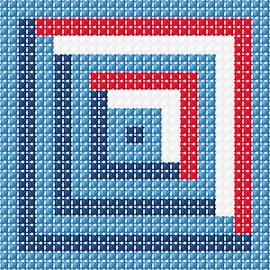 K&ouml;nnte beinhalten: Abstraktes geometrisches Muster in Blau, Rot und Wei&szlig;. Das Design besteht aus verschachtelten Quadraten, wobei die Farben in B&auml;ndern angeordnet sind. Der Gesamteffekt ist ein visuell auff&auml;lliges, modernes Design.