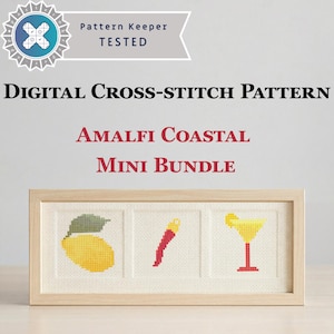 Puede incluir: Patrón de punto de cruz digital titulado "Amalfi Coastal Mini Bundle". La obra de arte enmarcada presenta un limón, un chile y una copa de cóctel, todos en punto de cruz. El diseño está probado por Pattern Keeper.