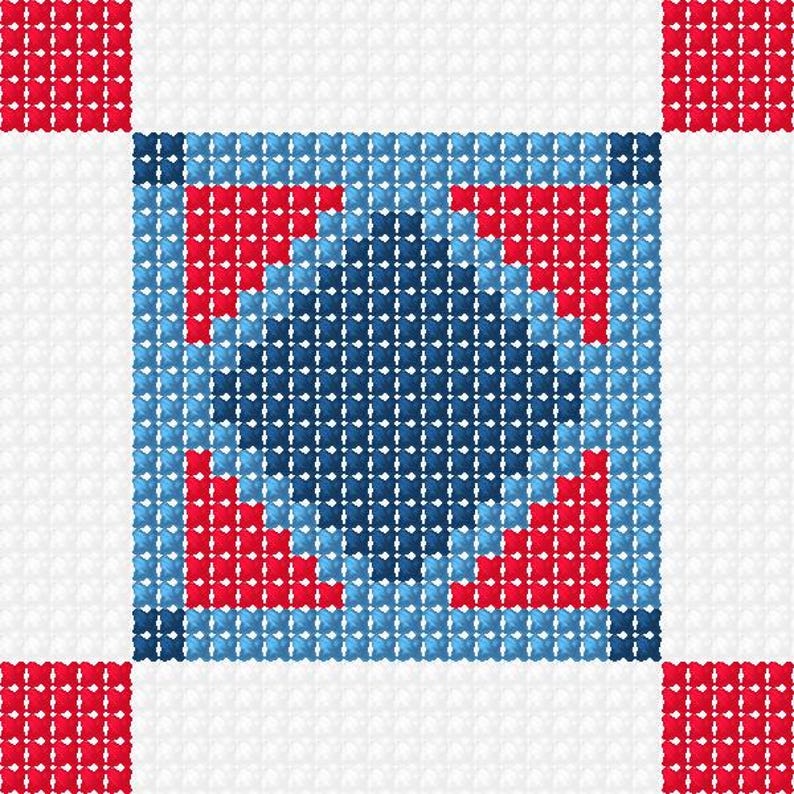 Może przedstawiać: Kwadratowy wz&oacute;r haftu krzyżykowego z centralnym niebiesko-czerwonym wzorem na białym tle. Centralny wz&oacute;r to kwadrat z niebieskim środkiem i czerwonymi akcentami. Cztery czerwone kwadraty w każdym rogu.