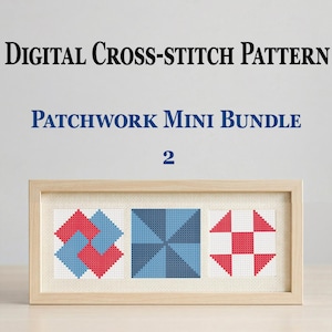 May include: Digital cross-stitch pattern featuring a patchwork mini bundle with three geometric designs in red, blue, and white. The designs are displayed in a wooden frame.