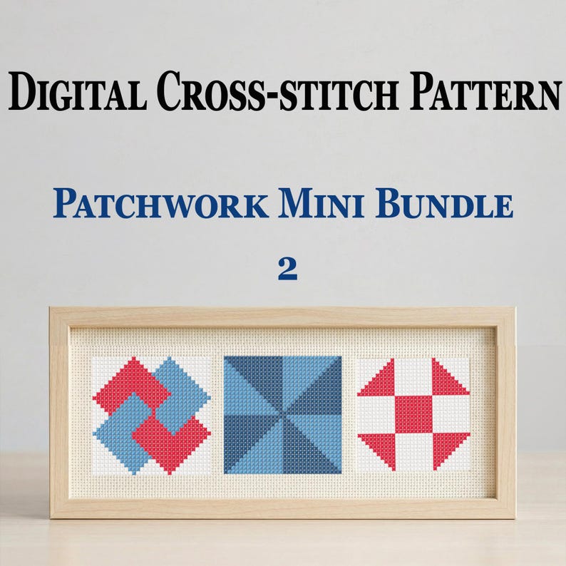 May include: Digital cross-stitch pattern featuring a patchwork mini bundle with three geometric designs in red, blue, and white. The designs are displayed in a wooden frame.