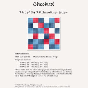 K&ouml;nnte beinhalten: Ein Kreuzstichmuster mit dem Titel "Checked" aus der Patchwork-Kollektion. Das Design zeigt ein Raster aus roten, wei&szlig;en und blauen Quadraten. Die Musterinformationen umfassen Stichanzahl, Designgr&ouml;&szlig;e und Aida-Stoffma&szlig;e in cm und Zoll.
