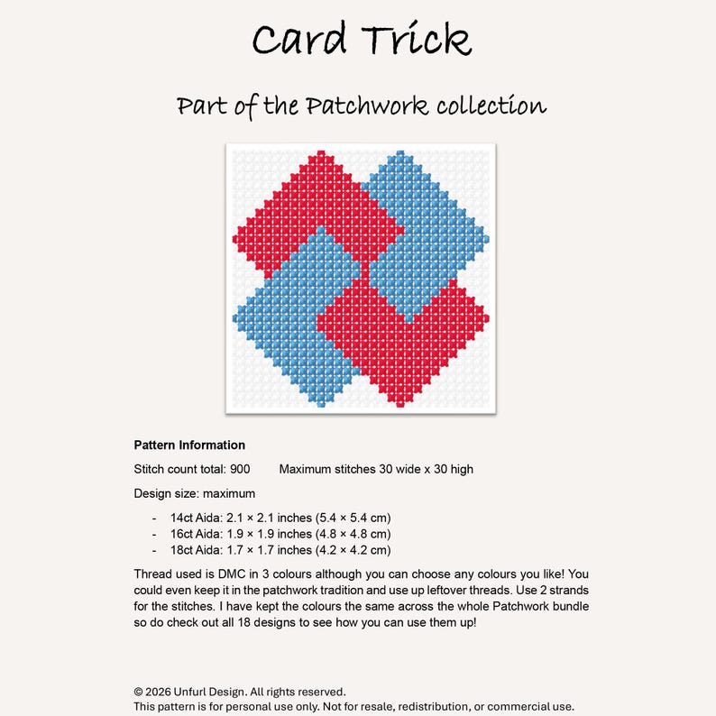 May include: A cross-stitch pattern titled "Card Trick" from the Patchwork collection. The design features a geometric pattern of interlocking squares in red and blue. The pattern information includes stitch count, design size, and Aida cloth measurements in inches and centimeters.