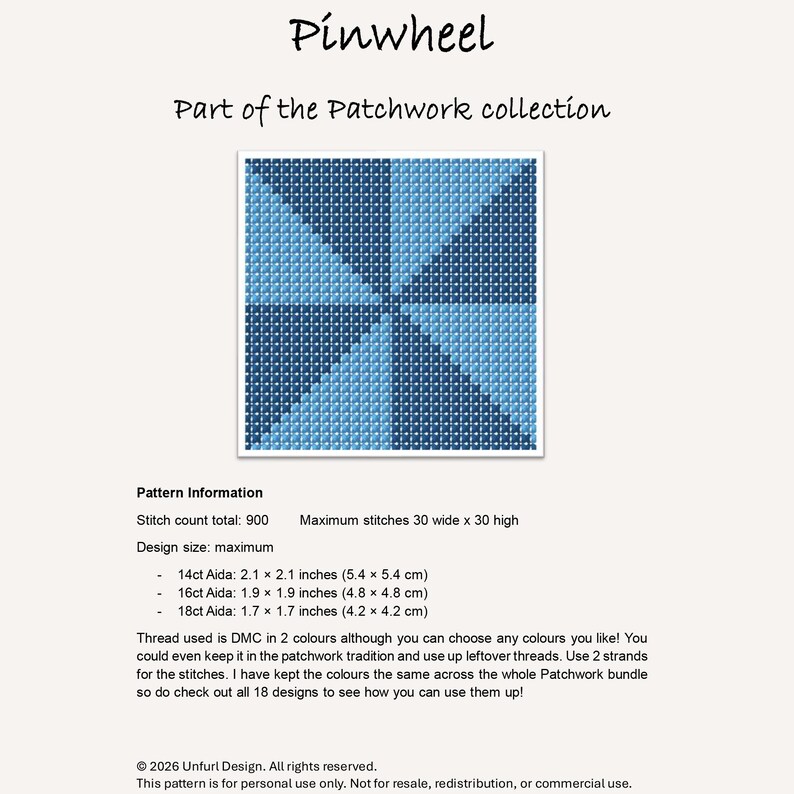 Peut inclure: Un mod&egrave;le de point de croix intitul&eacute; "Pinwheel" de la collection Patchwork. Le motif pr&eacute;sente un motif g&eacute;om&eacute;trique dans des tons bleus. Les informations incluent le nombre de points, la taille et les mesures de la toile Aida en cm et en pouces.