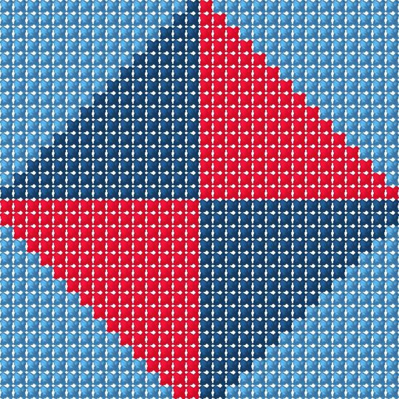 May include: A geometric pattern featuring a large diamond shape composed of small, square-shaped elements. The diamond is divided into four quadrants: two are red, and two are navy blue. The background is a light blue color.