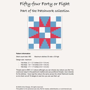 May include: A cross-stitch pattern titled "Fifty-four Forty or Fight" from the Patchwork collection. The design features a starburst pattern in red, white, and blue. Includes stitch count, design size, and Aida measurements in inches and centimeters.