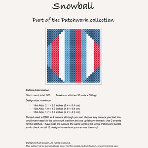 May include: A cross-stitch pattern titled "Snowball" from the Patchwork collection. The design features a circular shape with vertical stripes in red, white, and blue. The pattern information includes stitch count, design size, and Aida cloth measurements in inches and centimeters.