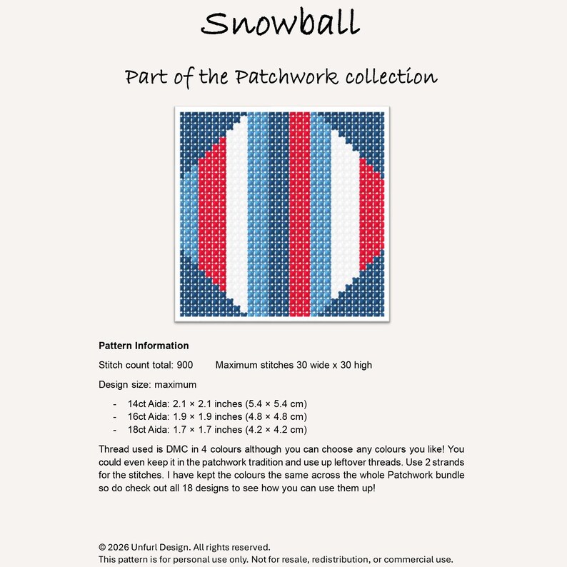 May include: A cross-stitch pattern titled "Snowball" from the Patchwork collection. The design features a circular shape with vertical stripes in red, white, and blue. The pattern information includes stitch count, design size, and Aida cloth measurements in inches and centimeters.