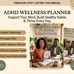 Pode incluir: Um produto digital ADHD Wellness Planner com o texto ADHD WELLNESS PLANNER, Support Your Mind, Build Healthy Habits & Thrive Every Day, Instant Download, Printable PDF, Self-Care & Symptom Tracker e Daily Focus & Routine Builder.