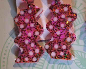 PINK handmade uv resin dangle earrings green 925 earwires polkadot glitter hotpink light pink stud pierced ear jewelry