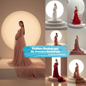 Peut inclure: Plusieurs décors de séances photo de maternité avec des femmes enceintes portant des robes fluides. Les décors comprennent une grande lumière circulaire et un podium. Le texte sur l'image indique "Podium Backdrops 25 Premium Backdrops".