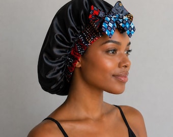 Handmade  Bonnet African waxprint/Black Satin  – Smiling Coast Design