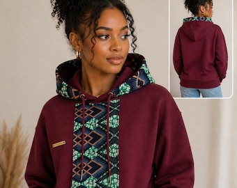 Hoodie met Afrikaanse wasprint bordeauxrood /unisex/maat S