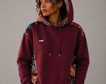 African Wax Print Hoodie Burgundy /Unisex/Size S