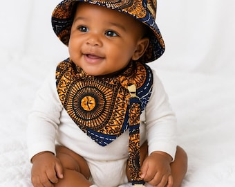Set de regalo para bebé con estampado de cera africana: gorro, babero y pinza para chupete hechos a mano