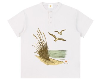 Henley Shirt, Coastal, Seagulls, Ocean Beach, Short Sleeve