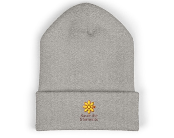 Savor the Moments TM Daisy Embroidery Beanie | Heart in Petal Floral Beanie, Nature lover Graphic Daisy Beanie, Minimalist Aesthetic Beanie