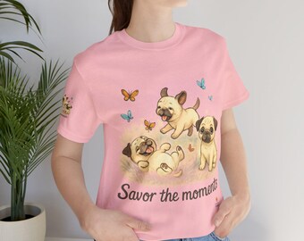 Pug Puppies with Butterflies T‑Shirt • Cute Dog Tee • Playful Puppy Meadow Scene • Nature Graphic.