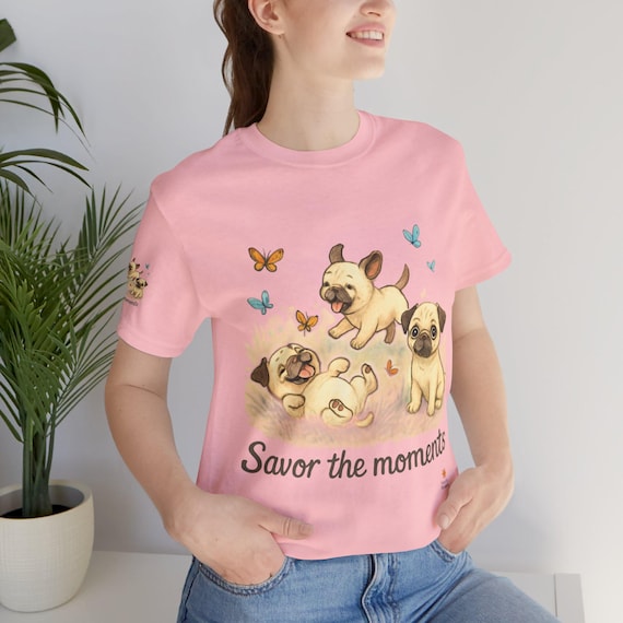Pug Puppies with Butterflies T‑Shirt • Cute Dog Tee • Playful Puppy Meadow Scene • Nature Graphic.