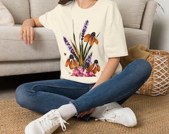 Nature graphic T-shirt, Hiking gift, Slow down tee, Coneflower Bouquet T-Shirt | Lavender Floral Illustration