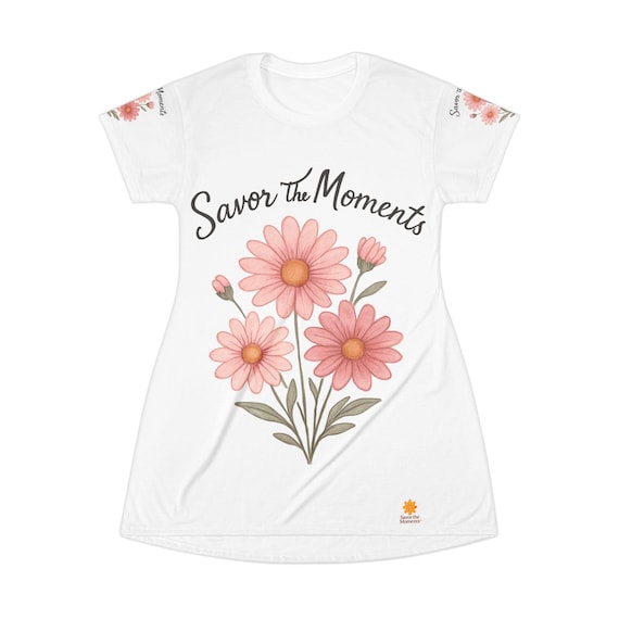 Floral Print T-Shirt Dress - 'Savor the Moments', Casual Summer Dress, Bohemian Style, Gift for Her, Wedding Guest Outfit, Everyday Wear