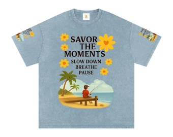 Coastal vibe snow-washed oversized, palm trees, ocean fishing scene, boy on pier artwork, uplifting “Savor the moments” message.