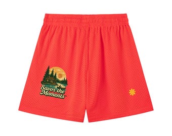 Lake cabin mesh shorts, fishing vibe, soft sunset colors, peaceful, woodland, nature, outdoor comfort.