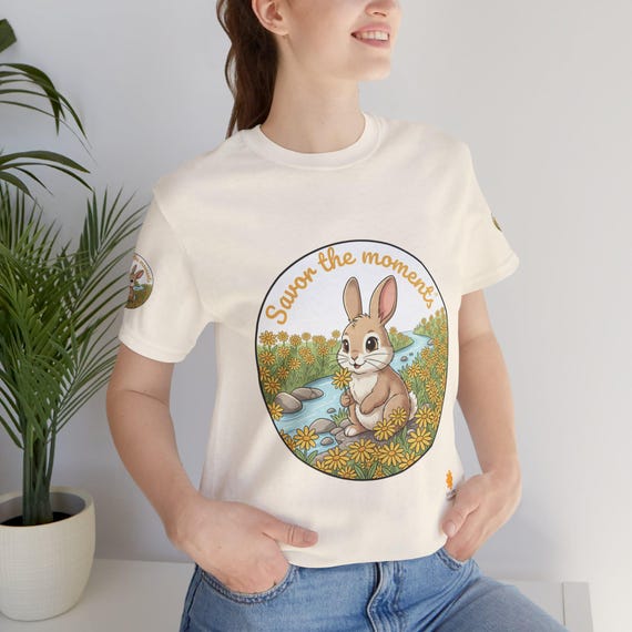 Savor the Moment Bunny tee | Rabbit Meadow Illustration T-Shirt, Easter, Floral, daisies, nature, gift, holiday, Catoon, meadow, woodland
