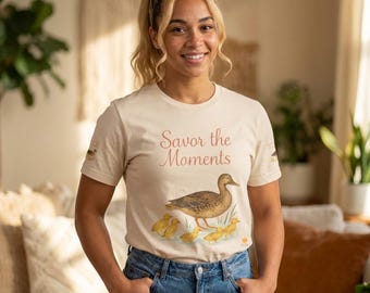 Nature inspired Duck with Ducklings Tee, Savor the Moments™ soft mom life shirt for women, cherish quiet, tender vibe, animal Tee