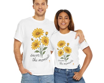 Yellow Daisies Floral Savor the Moments Tee, Unisex Heavy Cotton Shirt for Nature Lovers, Gift for Birthdays, Self-Care, and Everyday Wear