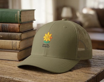 Daisy Mascot "Savory" Save the Moments Trucker Cap | Floral embroidered trucker hat
