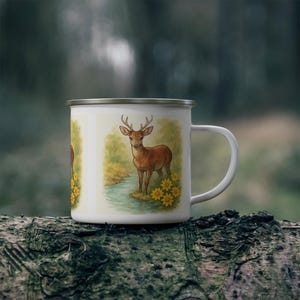 Watercolor Deer Illustration Enamel Mug | Rustic Camping Campfire Coffee Cup