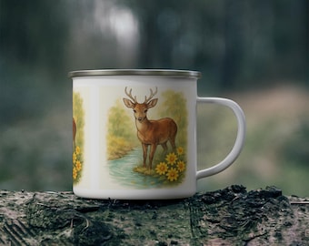 Watercolor Deer Illustration Enamel Mug | Rustic Camping Campfire Coffee Cup