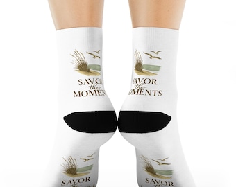 Ocean Sea Oats Crew Socks • Coastal Grasses & Seagulls • Savor the Moments Beach Quote • Nature Lover Gift