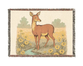 Rustic Woodland Deer Blanket • Wildlife Woven Throw • Sunflower Meadow Illustration • Nature‑Inspired Cabin Home Decor
