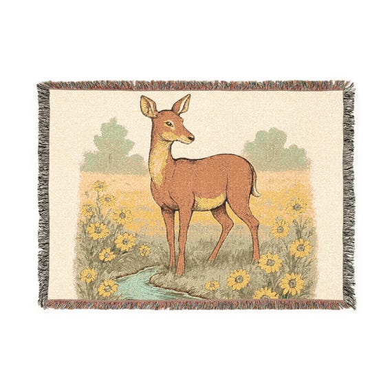 Woodland Deer Woven Blanket | Rustic Wildlife Throw, Sunflower Meadow Design
