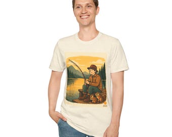 Sunset Pier Fishing T‑Shirt with Chipmunks • Relaxing Angler Tee • Calm Waters Nature Scene • Outdoors Adventure Top