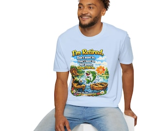 I'm Retired Going Fishin' T-Shirt | Fishing Lake Sunset Cabin Design, Unisex Softstyle T-Shirt