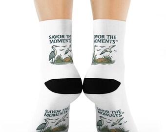 Heron Coastal Bird Crew Socks • Nature Illustration • Savor the Moments Design • Ocean Lover Gift