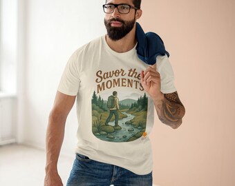 Mountain Hiking Shirt, stream, Nature Lover Tee, Scenic Stream and Trail Graphic T-shirt, Savor the Moments TM Outdoor Gift