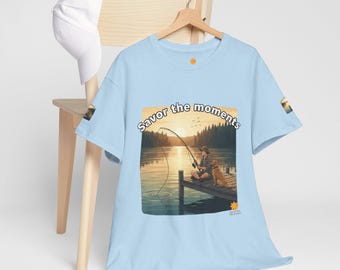 Fishing Dock Sunset T‑Shirt • Boy and Dog Pier Scene Tee • Lake Outdoors Nature Lover Shirt