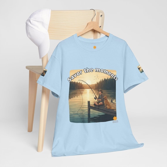 Fishing Dock Sunset T‑Shirt • Boy and Dog Pier Scene Tee • Lake Outdoors Nature Lover Shirt