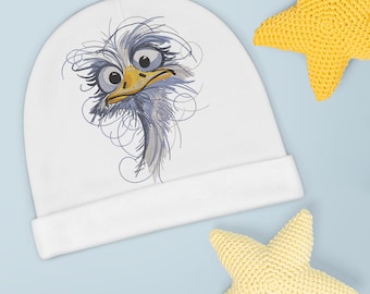 Ostrich Face Baby Beanie • Playful Bird Illustration • Soft Knit Infant Hat • Nursery Gift