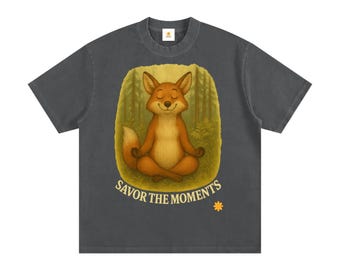 Goofy Zen Forest Friends, Meditating Fox, Heavyweight Vintage Washed Frayed T-Shirt, Silly Fox