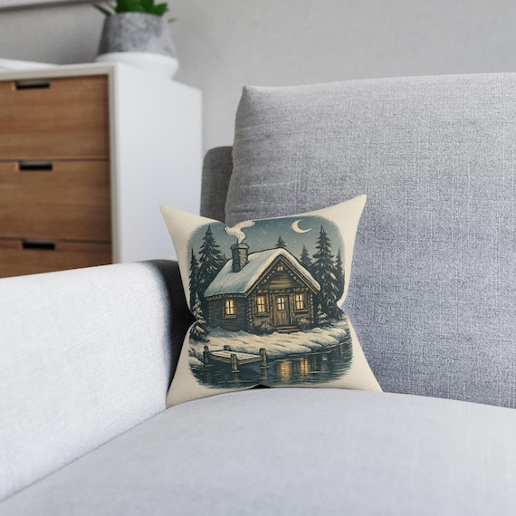 Cozy Winter Cabin Square Pillow | Snowy Lakeside Cottage, Moonlit Forest